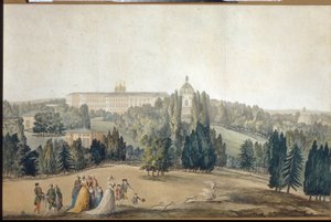 Pohled na Tsarkoye Selo (Sankt Petersburg). Promenáda císařovny Kateřiny II (1729-1796). (Pohled na Tsarkoye Selo. Císařovna Kateřina II. Chůze). Dílo Michela Francoise Damama Demartraita (1763-1827), rytina a akvarel. francouzské umění