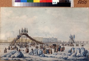 Rampa horské dráhy na Něvě o masopustu (Horská dráha na Něvě o masopustu). Dílo Michela Francoise Damama Demartraita (1763-1827). Akvarel a tuš na papíře, cca 1810, 33 x 54 cm, francouzské umění, klasicismus. Památník A. Puškina M