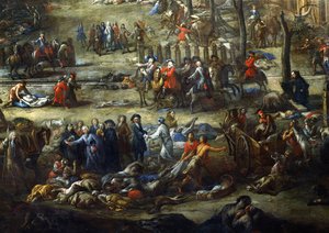 Pohled na Cours Belsunce, Marseille, během moru v roce 1720, detail zobrazující kardinála z Belsunce se skupinou mrtvol obětí moru
