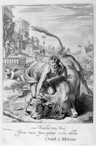 Achelous ve tvaru býka je poražen Herkulesem, 1655 od Michel de Marolles