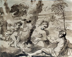 Láska, ovčák a nymfa. Kresba Michel Corneille (1642-1708)