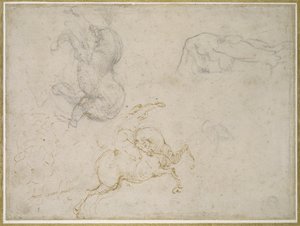 Nabíjení jezdce a další studie (pero a hnědý inkoust s černou křídou a nad ní na smetanovém papíře) od Michelangelo Buonarroti