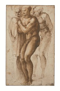 Nahý muž (podle Masaccia) a dvě postavy za ním (pero a dva odstíny hnědé tuše, hnědý wash, vodoznak) od Michelangelo Buonarroti