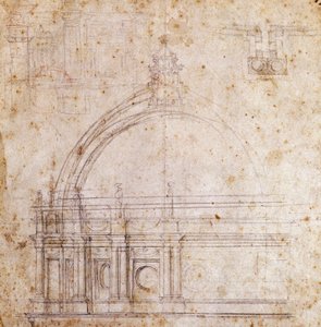 Návrhové výkresy kupole baziliky svatého Petra ve Vatikánu, návrh Michelangelo (1475-1564), Itálie