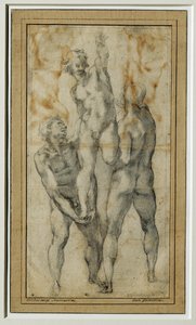 Dva nazí muži zvedají třetího, asi 1502-06 ... od Michelangelo Buonarroti