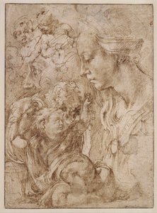 "Studie pro svatou rodinu s Janem Křtitelem jako dítětem" (Studie pro svatou rodinu s Janem Křtitelem jako dítětem) Kresba Michelangelo Buonarroti (1475-1564) - 1505 - Pero, štětec, tuš na papíře Rozměr 28, 7x20 ,9 cm Staatliche Museen, Berlín od Michelangelo Buonarroti