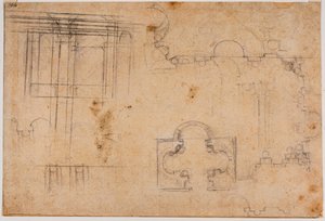 Půdorys a architektonické průčelí kaple Sforza od Michelangelo Buonarroti