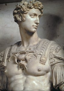 Giuliano de Medici, vévoda z Nemours 1479-1516, detail postavy z jeho hrobky od Michelangela Buonarrotiho 1475-1564, 1533 mramorový detail 85089 & 52674