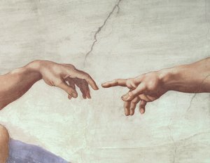 Ruce Boží a Adam, detail ze Stvoření Adama, ze Sixtinského stropu, 1511 (před restaurováním)