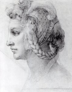 Ideální hlava ženy, asi 1525-28 (černá křída na papíře) od Michelangelo Buonarroti