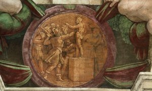 Medailon představuje zničení sochy boha Baala..., 1508-1512. od Michelangelo Buonarroti