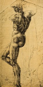 Studium aktu; kresba Michelangelo. Musee du Louvre, Paříž