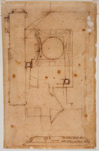 Řez hlavním městem, plán fasády a náčrtky s autografními poznámkami o rozměrech od Michelangelo Buonarroti