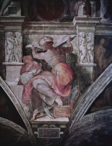 Strop Sixtinské kaple: Libyjská Sibyla, kolem 1508-10 (před restaurováním) od Michelangelo Buonarroti
