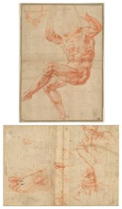 Studie pro nahou mládež nad prorokem Danielem (recto); Figurální studie pro Sixtinský strop (verze) od Michelangelo Buonarroti