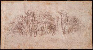 Studie figur pro narativní scénu (černá křída na papíře) (recto) (viz 191764) od Michelangelo Buonarroti