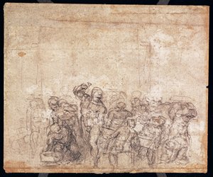 Studie postav k narativní scéně (černá křída na papíře) (verso) (recto viz 191777) (viz také 191767) od Michelangelo Buonarroti