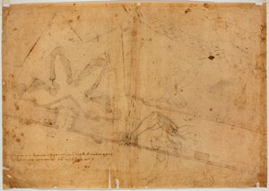 Studie postavy jinou rukou a rukopisný nápis od Michelangelo Buonarroti