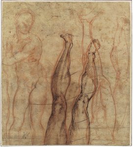 Vzkříšený Kristus, tříčtvrteční akt kreslený přes studie nohy a chodidla od Michelangelo Buonarroti