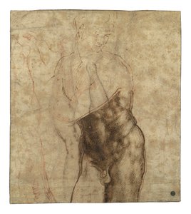 Zmrtvýchvstalý Kristus, tříčtvrteční akt s pohledem dolů doprava od Michelangelo Buonarroti