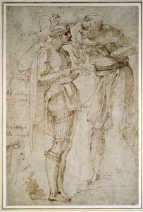 Tři muži v rozhovoru (pero a hnědý inkoust na papíře) od Michelangelo Buonarroti