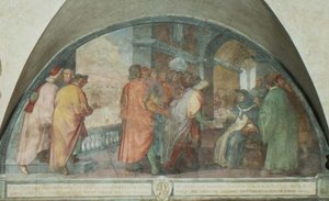 Svatý Antoninus zakládá Společnost dobrých mužů v San Martinu, luneta (freska) od Michelangelo Cinganelli
