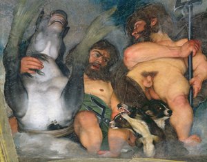 Alegorie živlů, vesmíru a znamení zvěrokruhu, detail Neptuna a Tritona s Cerberem, tříhlavým psem, 1597 detail olej na sádře z 107109