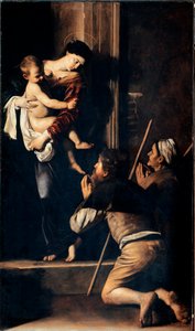 Madonna dei pellegrini známá také jako Madonna z Loreta (Madonna des Pelerins nebo Madonna de Lorette). Obraz Michelangela Merisi dit Il Caravaggio (Caravaggio) (1571-1610) 1603-1605 Rozměr.260x150 cm Řím, Kostel Sant 