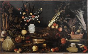 Zátiší s květinami a ovocem - olej na plátně kolem roku 1590 od Michelangelo Merisi da Caravaggio
