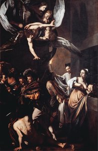 Sedm děl misericorde (Sette opere di misericordia). Cimon odsuzuje k hladovění ve vězení, živí se prsy své dcery Pero (Roman Charity) a v pozadí muž nese plamennou pochodeň, aby vytáhl mrtvolu. Nahoře má panna t od Michelangelo Merisi da Caravaggio