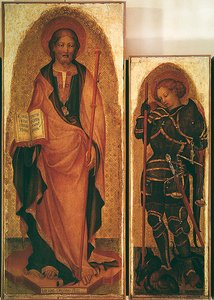 Svatý Jakub se svatými, detail sv. Jakuba a sv. Michaela Archanděla, kolem 1450 (tempera na panelu se zlatem) (detail 256989)