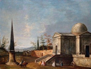 Elegantní postavy před klenutým klasickým kostelem, obelisk nalevo od Michele Marieschi