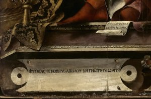 Múza Thalia, detail, asi 1456-57 (olej a tempera na topolu) od Michele Pannonio