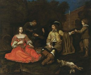 Elegantní lovecká společnost odpočívá od Michiel Sweerts