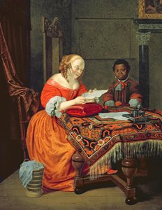 Nainen lukemassa kirjettä mustan kanssa, 1670