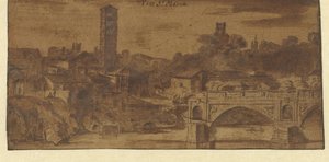 Pohled na S. Maria v Cosmedin, chrám Vesta a Ponte S. Maria v Římě od Michiel van Overbeek