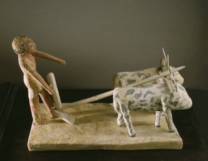 Pohřební model oráče vedoucího svůj pluh tažený dvěma voly (lakované dřevo)