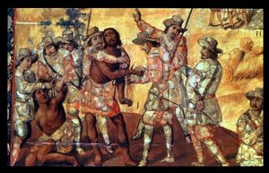 Detail dobyvatelů, kteří usekávají ruce dvěma špiónům z Xicotencatlu