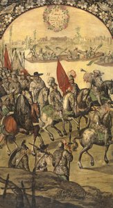 Hernan (ou Hernando) Cortes nebo Fernand Cortez (1485-1547) a jeho apartmá dorazilo do tenochtitlanu (Mexiko) - Dobytí Mexika Hernanem Cortesem par Gonzalezem, Miguelem a Juanem (aktivní konec 17. století). Olej na dřevě, rozměr: 97x53