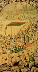 Jeden z dvojice panelů zobrazujících setkání Hernanda Cortese (1485-1547) a Montezumy (1466-1520): Montezuma a jeho následovníci, 1698