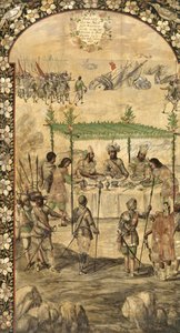 Nařizuje zničení lodí a setkává se s velvyslanci Montezumy (Moctezuma, Moteuczoma, Motecuhzoma) (1466-1520) v roce 1520 - Dobytí Mexika Hernanem Cortesem par Gonzalezem, Miguelem a Juanem (aktivní konec 17. stol.). Olej na dřevě, rozměr: