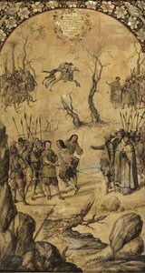 Dobytí Mexika Hernanem Cortesem par Gonzalezem, Miguelem a Juanem (aktivní konec 17. stol.). Olej na dřevě, rozměr: 97x53