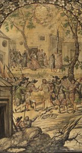 Dobytí Mexika Hernanem Cortesem par Gonzalezem, Miguelem a Juanem (aktivní konec 17. stol.). Olej na dřevě, rozměr: 97x53