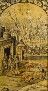 Dobytí Mexika Hernanem Cortesem par Gonzalezem, Miguelem a Juanem (aktivní konec 17. stol.). Olej na dřevě, rozměr: 97x53