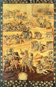 Setkání mezi Hernando Cortes (1485-1547) a Montezuma (1466-1520), panel z dobytí Mexika