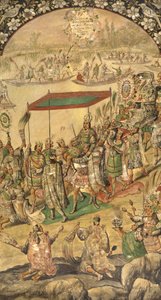 Uvítání Montezumy (Moctezuma, Moteuczoma, Motecuhzoma) (1466-1520) - Dobytí Mexika Hernanem Cortesem par Gonzalezem, Miguelem a Juanem (aktivní konec 17. stol.). Olej na dřevě, rozměr: 97x53 od Miguel and Juan Gonzalez