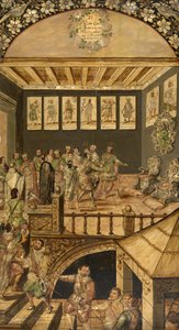 Návštěva Hernanda Cortese (1485-1547) v Montezumě (Moctezuma, Moteuczoma, Motecuhzoma) (1466-1520) v roce 1520 - Dobytí Mexika Hernanem Cortesem par Gonzalez, Miguel a Juan (aktivní konec 17. stol.). Olej na dřevě, rozměr: 97x53
