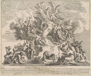 Prima Macchina pro Čínu z roku 1739: Hora Parnass s Apollónem, Múzami a Pegasem od Miguel de Sorellò, after Pierre Parrocel, after Michelangelo Specchi