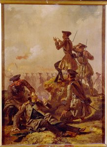 Scéna z krymské války (1853-1856). Za linií předních jednotek pozorují bojiště důstojníci, z nichž jeden je zraněn. Obraz Mihaly Zichy (1827-1906), olej na plátně, kolem roku 1850. Maďarské umění