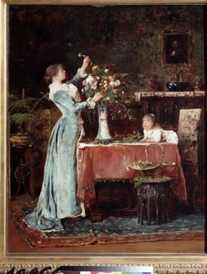 "La composition du bouquet"" (Skládání kytice) Žena ze střední třídy (Maďarská?) připravuje kytici květin, její dcera se na ni dívá. Obraz Mihaly Munkacsy (1844-1900) kolem roku 1880 Puškinovo muzeum, Moskva od Mihály Munkácsy